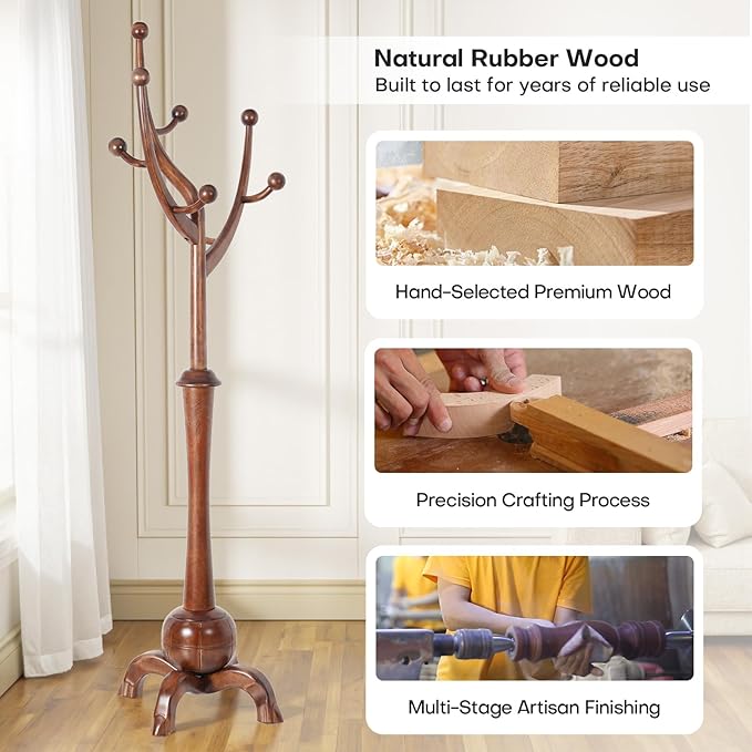 Wooden Coat Rack Freestanding with 8 Hooks, Heavy Duty Coat Hanger Stand with Stable Base, Vintage Coat Tree Standing Coat Racks for Entryway, Hallway, Bedroom (Walnut)