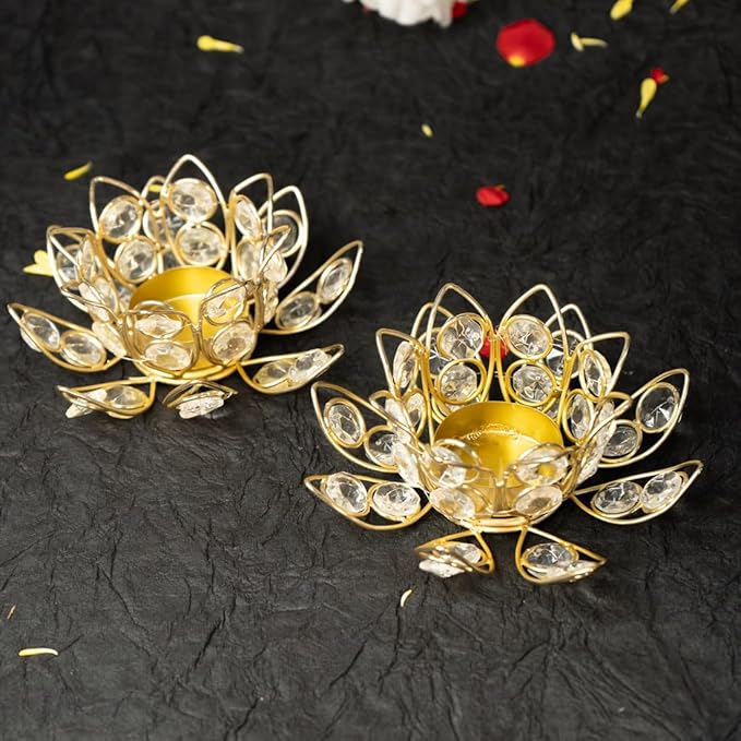 Ekhasa Crystal Tealight Candle Holders for Home Decor | Perfect Candle Stand for Diwali Decoration and Table Decor | Indoor & Outdoor, Festival Decorative Candles Gift Items (Lotus Shape, Set of 2)