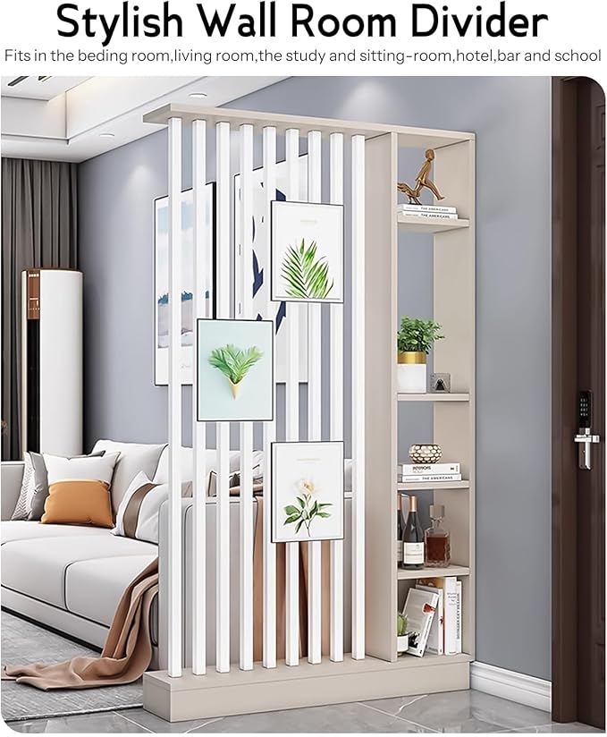 Wall Room Divider, Storage Cabinet Storage Display with Shelves, Modern Freestanding Wood Room Divider Screen, Wall Privacy Screens for Home Decorative (Beige+White,47" L x 9.5" W x 79.5" H)