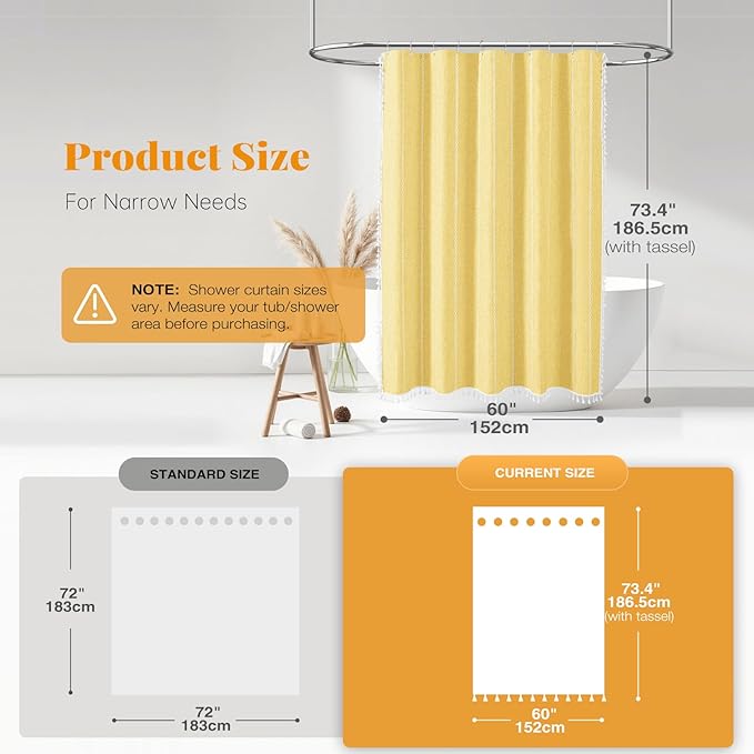 BTTN Boho Farmhouse Shower Curtain - Linen Rustic Heavy Duty Striped Fabric Shower Curtain Set, Bohemian Vintage Country Cloth Shower Curtains for Bathroom, Yellow, 60" W x 72" L (Pack of 1)