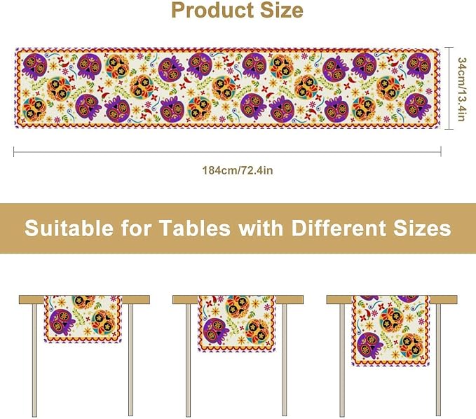 Mexican Fiesta Table Runner Decoration Skull Cinco De Mayo Dia De Los Muertos Runners Farmhouse Rustic Day of The Dead Decor Supplies for Kitchen Dining Home, 13x36 Inch White