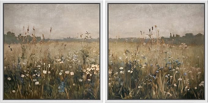 SIGNFORD Framed Canvas Print Wall Art Set Wildflower Field Landscape Meadow Floral Illustrations Modern Art Minimal Relax/Calm for Living Room, Bedroom, Office - 24"x24"x2 White