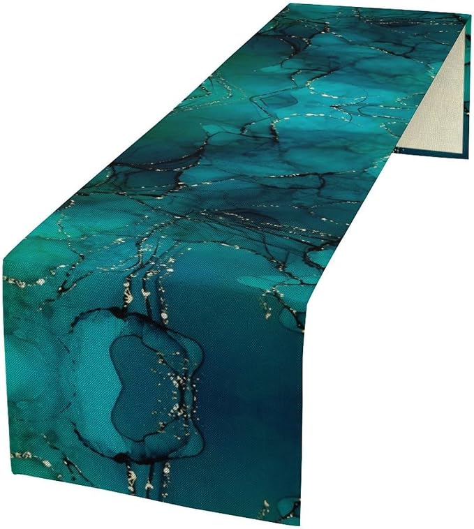 Turquoise Marble Table Runner, Teal Blue Gold River Textured Modern Abstract Art Table Runner for Kitchen Dining Home Party Wedding Decor, 13x108 Inch
