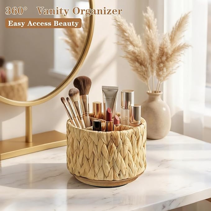 BIBELUN TV Remote Control Holder - Woven Water Hyacinth 360 Degree Rotating Desk Organizer | Boho Rattan Spinning Caddy | Pen/Art Supplies/Stationery Storage for Office, Living Room, Bedside Table