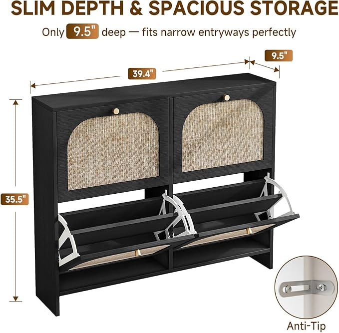 Nicetree Rattan Vintage Flip Shoe Cabinet for Entryway - Black 3-Tier Slim Shoe Storage Cabinet with Metal Handles - Boho Entryway Shoe Organizer for 28-36 Pairs - Fits Size 12 Boots, 9.5" Ultra Slim