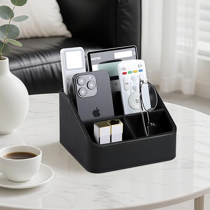 Remote Control Holder, PU Leather Small Desk Organizer with 4 Compartments, Nightstand Organizer Office Desk Accessories Desk Caddy for Countertop Bedside End Table (Black)