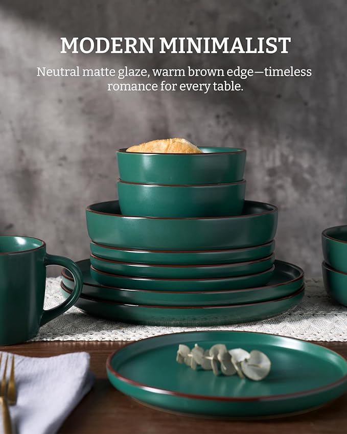 Famiware Mercury Plates and Bowls Sets, 18 Pieces Stoneware Dinnerware Sets, Dishes Set for 6, Microwave and Dishwasher Safe, Dark Green