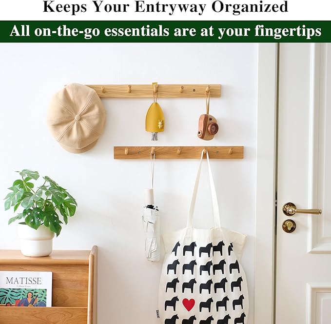 Hickory Wood Coat Rack Wall Mount 12 inches, Wooden Coat Hooks with 3 Hooks Coat Hanger for Hanging Hat Jacket Purse, Wall Hooks for Entryway, Bathroom, Bedroom, Natural