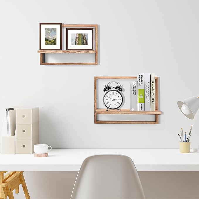 PHOENANCEE Square Floating Shelves,Framed Wall Shelf Decorative Set of 4,Modern Plants Hanging Display Art Decor Storage for Livingroom Bedroom Bathroom Farmhouse,Home Light Wood,Carbonized Black