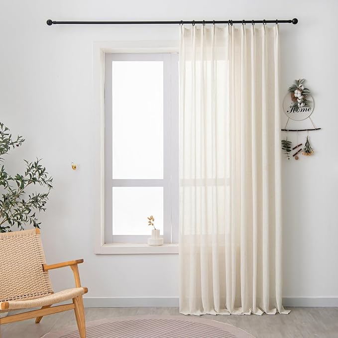102 Inch Long Curtains Sheer Linen Faux, Natural Light Filtering 2 Panels, Neutral Cream Beige Farmhouse Curtains & Drapes for Living Room, Pinch Pleat Sliding Glass Door Ceiling Curtain