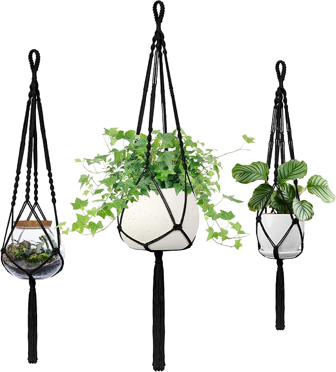 Macrame Plant Hanger - Fits 4-13 Inch Pots, 34"/41"/46" 3 Sizes Set, Hanging Planter Holder for Indoor Outdoor, Cotton Rope with Tassels Boho Home Decor, Black
