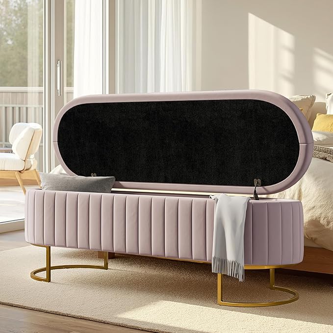 55.5" Velvet Upholstered Storage Bench with Channel Tufted Seat and Metal Legs, Multi-Functional Ottoman with Interior Organizer Pockets for Bedroom and Entryway, Flipping Lid Large Window Bench