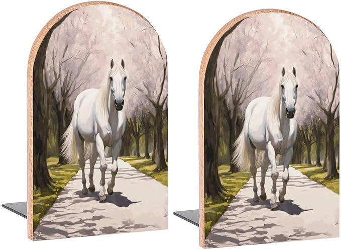 White Horse Cute Cherry Book Ends Decorative Wood Bookends for Shelves Kids Room Desk Home Office Book Stoppers for Magazines,Books, DVDs, 1 Pair/2 Pieces(5x3.1 in)