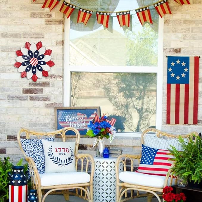 hogardeck 4th of July Decorations Outdoor, Red White Blue Metal Flower Wall Art for Fourth of July Decor, 3D Metal Floral Patriotic Decorations for Yard Garden Home Indoor