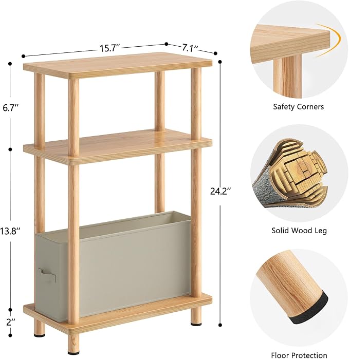 Apicizon Small Narrow Side Table, 3-Tier Skinny End Table for Small Spaces, Slim Nightstand with Fabric Basket, Bedside Table for Living Room, Bedroom, Natural