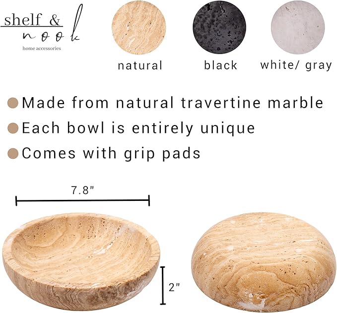 Shelf & Nook Travertine Decorative Bowls for Home Decor. Key Bowl for Entryway Table in a Choice of 5 Colors (White/Gray, Small)