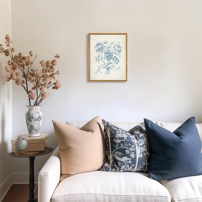 KBKBART Framed Floral Wall Art, Vintage Blue Rose Bouquet Sketch Canvas Oil Painting, Antique Victorian Wall Decor, Minimalist Bedroom Wall Art Aesthetic, Neutral Flower Art Prints for Bedroom Living Room, Gallery, Gifts for Friends or Family(8"x10")