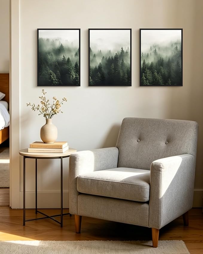 PHOPAGO Green Fog Pine Tree Framed Wall Art Nature Misty Nordic Forests Artwork Morden Paints for Kitchen Hallway Decor - 11x14in Black Framed