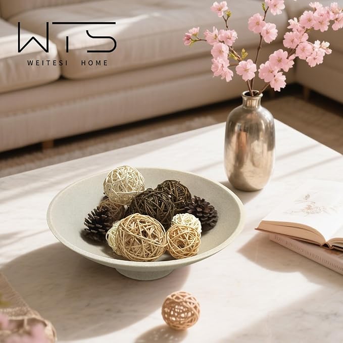 Large Decorative Fruit Bowl for Kitchen Counter, Modern Resin Pedestal Bowl for Home Decor, Stylish Key Bowl for Entryway Table, Decorative Bowl for Coffee Table Decor, Artificial Stone Beige