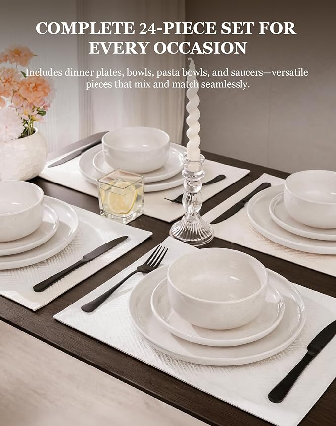 OTAGO 24-Piece Dinnerware Sets for 6, Ceramic Plates and Bowls Set with Partially Unglazed Base, Handcrafted Look, Stoneware Dishes Set for Kitchen, White, Dinner & Dining, Microwave & Dishwasher Safe