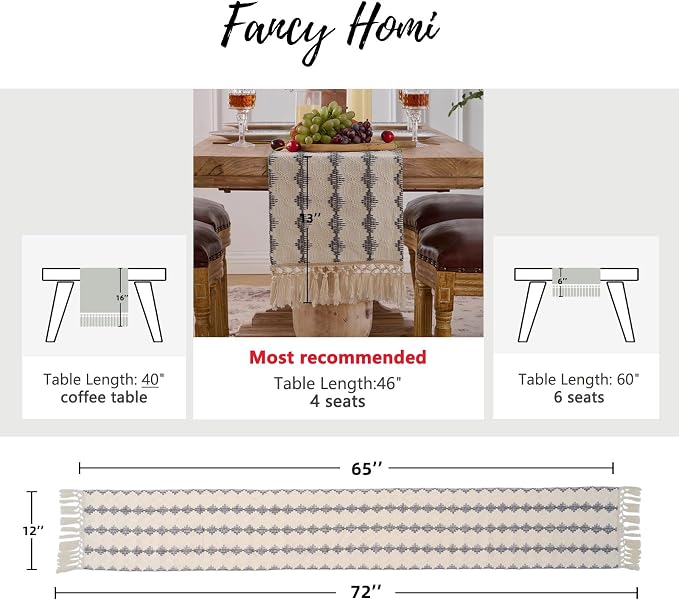 Fancy Homi Grey Boho Cotton Polyester Table Runner 72 Inches Long, Farmhouse Macrame Table Runners with Tassels for Home Party Bohemian Rustic Bridal Shower Kitchen Dining Decor 12x72 Inches