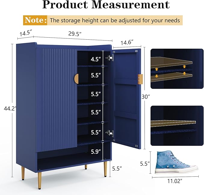 HLR Shoe Cabinet Storage for Entryway, 6-Tiers Modern Shoes Cabinet with Fluted Doors, Wood Shoes Rack with Adjustable Shelves, Shoe Organizer for Front Door Entrance, Living Room, Blue