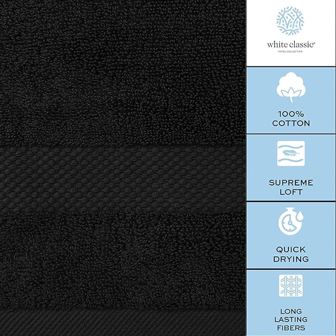 White Classic Luxury Bath Towel Set of 8 Pieces - 100% Turkish Cotton Highly Absorbent Towels for Bathroom, 2 Luxury Bath Towels 700GSM, 2 Hand Towels, 4 Washcloths, Black