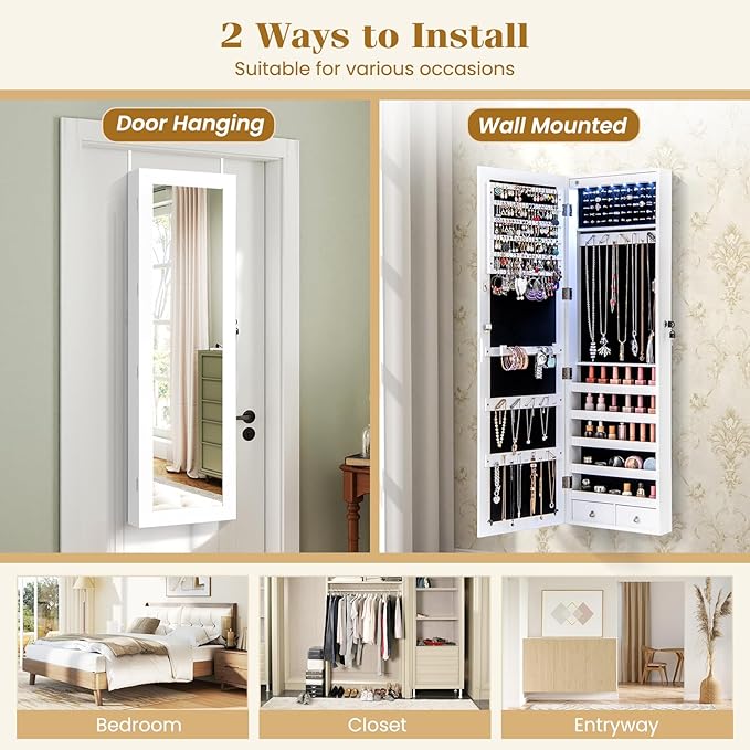 CHARMAID Wall Mounted Jewelry Armoire with 47" Full Length Mirror, Lockable Jewelry Cabinet with 6 LED Lights, Over the Door Hanging Storage Organizer with Drawers, Hooks & Shelves, White