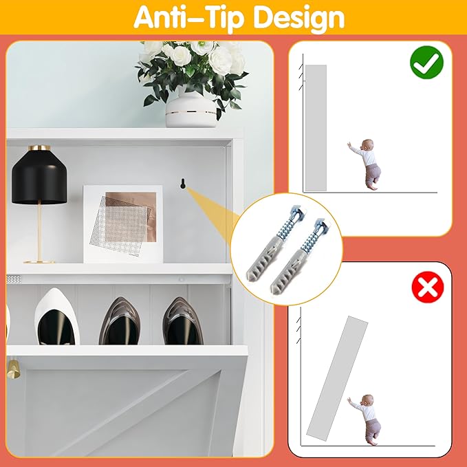 Shoe Cabinet with 2 Flip Drawers, Narrow Shoe Storage Cabinet, Farmhouse Shoe Organizer, Metal Freestanding Organizer with Legs for Entryway, Foyer (2 Door, White)