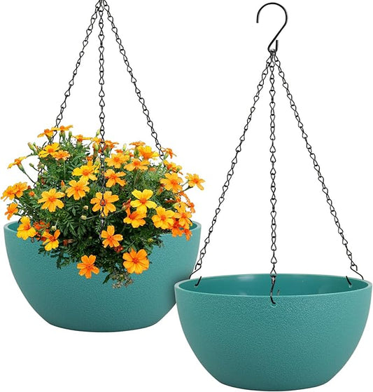 Meowell 12 inch Large Hanging Planters for Indoor Outdoor Plants, 2 Pack Hanging Flower Plant Pots with Drainage Holes and Chain for Garden Porch, Plastic Hanging Baskets for House Plants, Blue Green