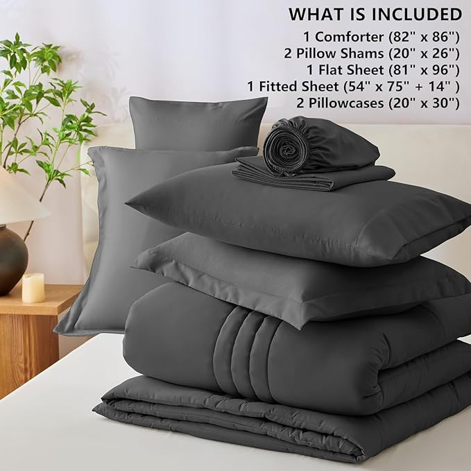 CozyLux Full Size Comforter Sets - 7 Piece Bed in a Bag Dark Grey Comforter Set with Sheets Bed Set All Seasons, Soft Bedding Set with Down Alternative Comforter, Sheets, Pillowcases & Shams