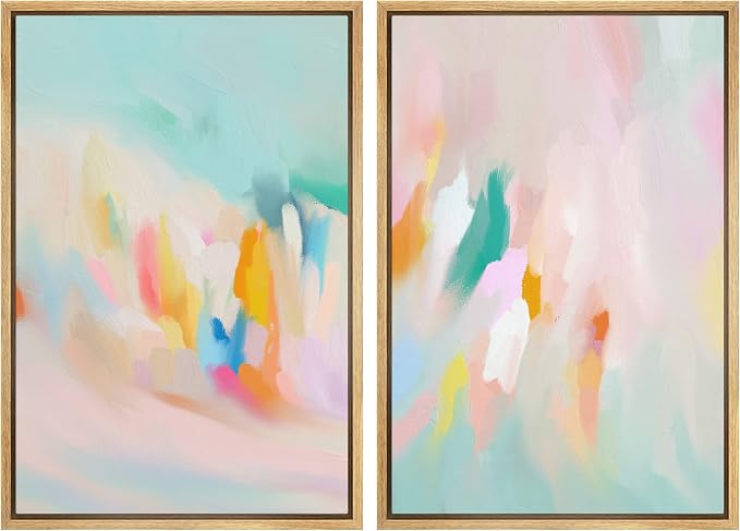 SIGNLEADER Framed Canvas Print Wall Art Set Teal Pink Watercolor Collage Abstract Shapes Digital Art Modern Art Decorative Minimal Relax/Zen for Living Room, Bedroom, Office - 24"x36"x2 NATURAL
