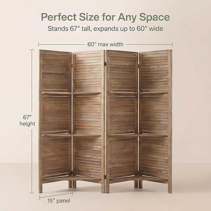 Bluecat 4 Panel Folding Room Divider with Shelves, Portable Lightweight Privacy Screen for Bedroom Home Office, No Assembly Required, Natural