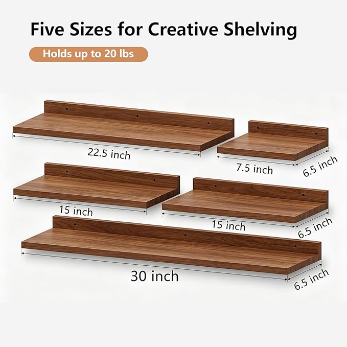 Yongscess Floating Shelves for Wall Set of 5, Floating Shelves Bathroom,30 in Natural Wood Book Shelf for Wall Mounted,Home Decor Display Shelf,Storage Shelves for Living Room,Bedroom,Kitchen(Walnut)