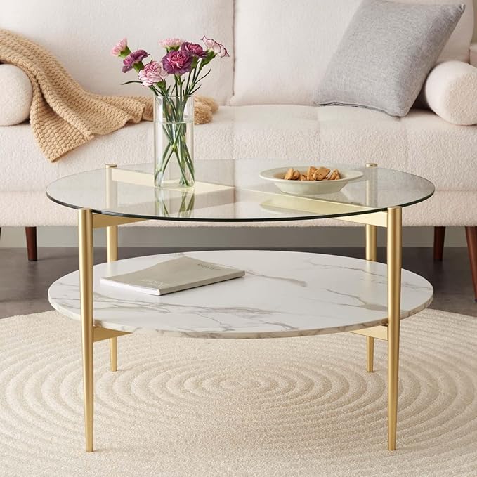 LumFurn Round Coffee Table for Living Room, Mid-Century Modern Design, D30 x H17, 2-Tier Structure, Clear Glass Top and White Marble Finish Wood Shelf, Sleek Conical Metal Legs with Gold Finish Frame