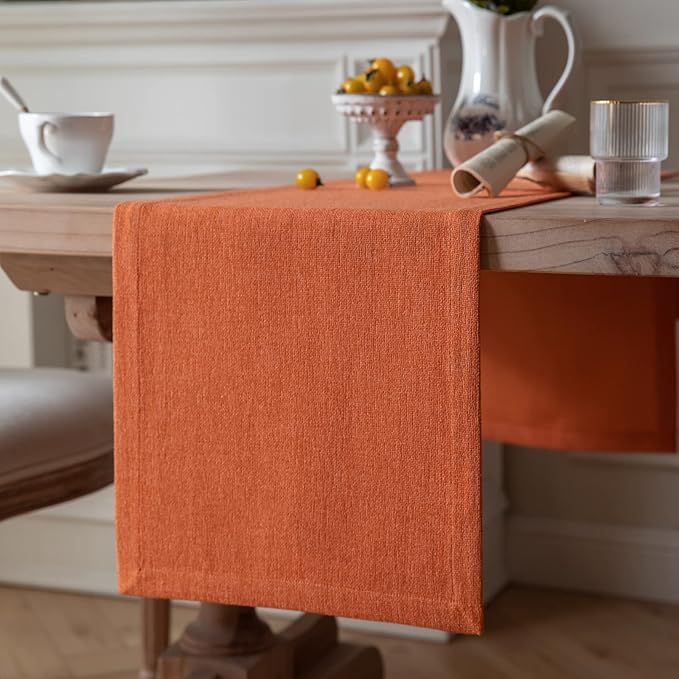 ZeeMart Burlap Style Farmhouse Table Runners 60 Inches Long, Burnt Orange Rustic Woven Dining Fall Table Runner for Everyday Use, 14x60 Inches, Harvest Pumpkin