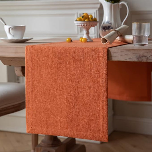 ZeeMart Burlap Style Farmhouse Table Runners 60 Inches Long, Burnt Orange Rustic Woven Dining Fall Table Runner for Everyday Use, 14x60 Inches, Harvest Pumpkin