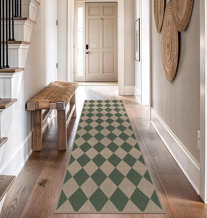 Rugalia Easy Jute Checkered Outdoor Runner Rug, 2.6x8 Green Modern Washable Rugs Runner for Hallway Non-Slip Kitchen Runner Rug, Geometric Diamond Outdoor Carpet for Porch Laundry Entryway