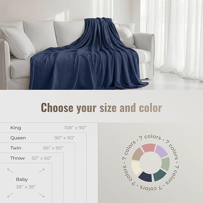 4-Layer Muslin Cotton Bed Blanket Twin Size (66 x 90 inches) – Soft, Breathable, Lightweight All-Season Gauze Blanket, Machine Washable – Navy
