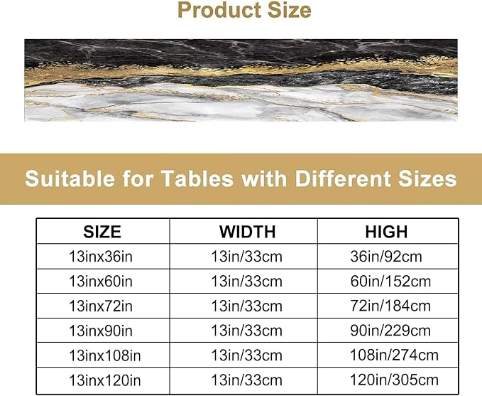 Marble Table Runner,Black Golden Marble Texture Pattern Table Runner for Coffee Table Dining Room Table Bedroom Party Holiday Decor 13x108inch