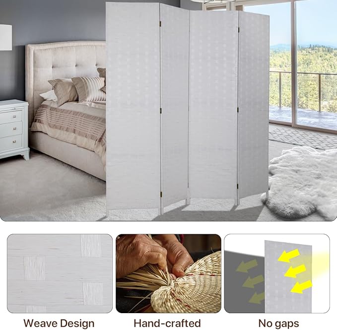 Room Dividers and Folding Privacy Screens 4 Panel 6 ft Foldable Portable Room Seperating Divider, Handwork Wood Mesh Woven Design Room Divider Wall, Room Partitions and Dividers Freestanding, White