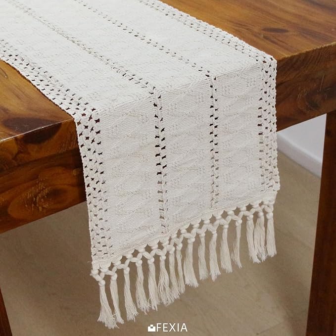 FEXIA Boho Macrame Table Runner with Tassels 60 Inches Long Cream Table Runner for Farmhouse Home Decor Table Runnerfor Bohemian Dining Bedroom Decor Rustic Bridal Shower (12x60 Inches)