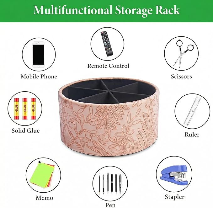 Remote Control Holder, 360°Spinning PU Leather Desk TV Remote Caddy,Desk Storage Box Room Accessories for Controller, Media,Mail,Calculator, Mobile Phone,Pencil(1-Carved Pink)