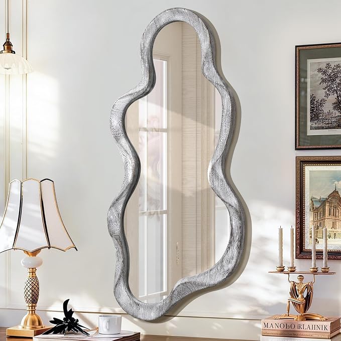 Irregular Wooden Framed Wall Mirror Modern Asymmetrical Unique Hanging Mirror Artistic Unique Cloud Shape Wall Decor Bathroom Vanity Bedroom Living Room Entryway Hallway Large 47" x 22"