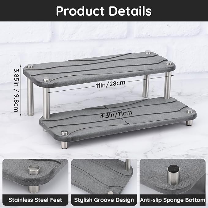 Segbeauty 2 Tier Fast Drying Diatomaceous Earth Tray, 11x4.3in Water Absorbing Stone Drying Vanity Tray for Countertop, Bathroom Counter Rack Kitchen Sink Organizer Dish Soap Sponge Holder Dark Gray