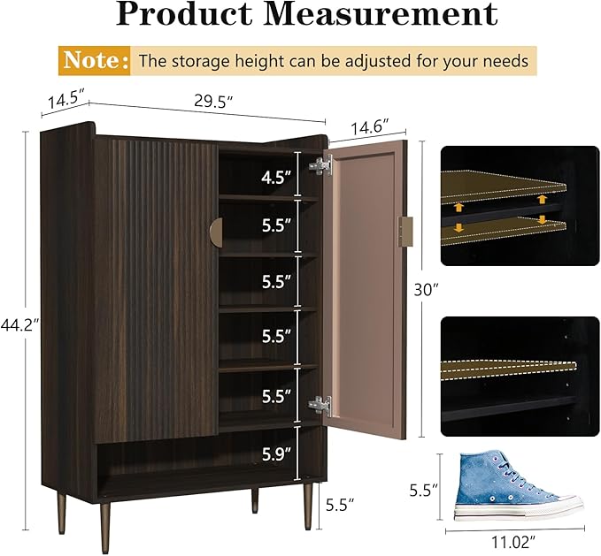 HLR Shoe Cabinet Storage for Entryway, 6-Tiers Modern Shoes Cabinet with Fluted Doors, Wood Shoes Rack with Adjustable Shelves, Shoe Organizer for Front Door Entrance, Living Room, Brown