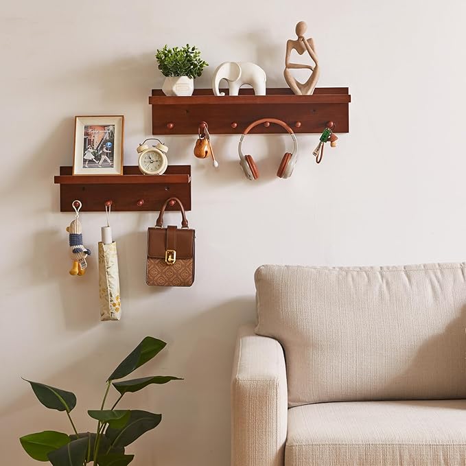 Aibiju Coat Hook Wall Mount with Shelf, 23.62in Wood Wall Hooks with Storage, for Entryway, Bathroom, Kitchen, Walnut Color YD-WS0260H