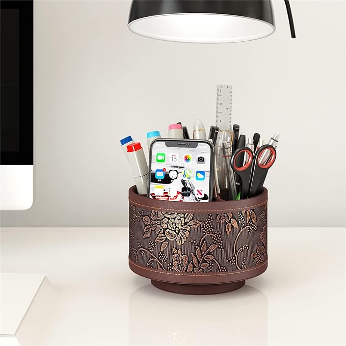 Remote Control Holder, Faux Leather 360° Art Supply Organizer, Multi-Functional Caddy for Remote Controllers, Office Supplies, Perfect Space Saver for End Table/Nightstand/Office Desk(Retro)