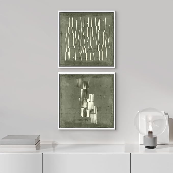 SIGNFORD Framed Canvas Print Wall Art Set Fragmented Lines in Green and White Illustrations Modern Art Minimal Relax/Calm for Living Room, Bedroom, Office - 24"x24"x2 White