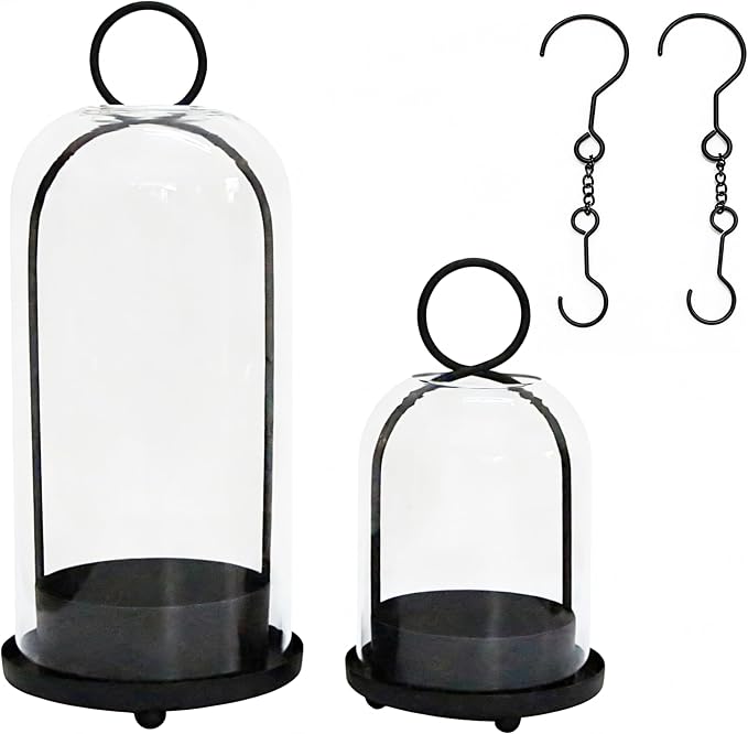 Candle Holders Set of 2,Versatile Farmhouse Black Metal Hurricane Pillar Candle Pedestal Holders with Handmade Sturdy Glass Dome,Candlesticks Holders for Pillar Candle & Plants, Seasons décor(Black)